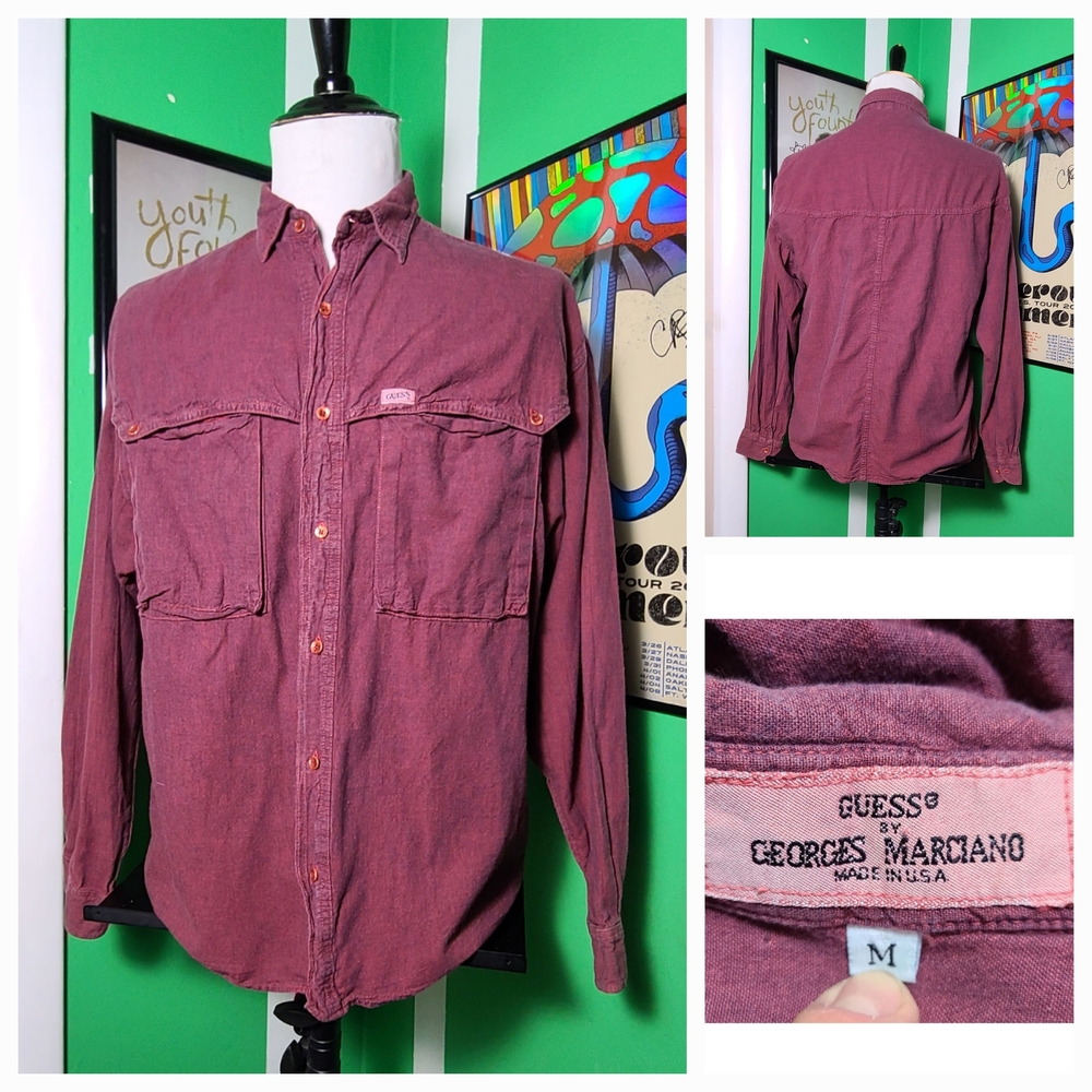 Vintage 90s GUESS Georges Marciano Shirt Medium USA Burgundy Fade Button Up